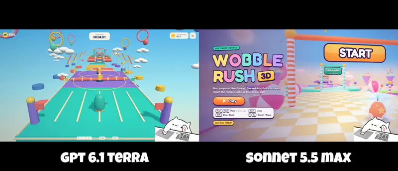 Candy obstacle-course platformer, Terra vs Sonnet: GPT-6.1 Terra vs Claude Sonnet 5.5