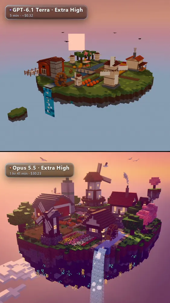 Floating windmill farm island in Blender, Terra vs Opus: GPT-6.1 Terra vs Claude Opus 5.5