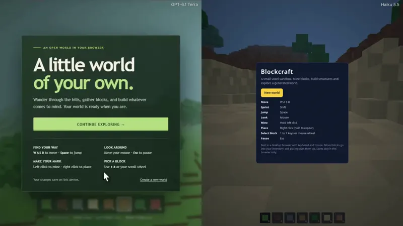 Minecraft clone in one HTML file, Terra vs Haiku: GPT-6.1 Terra vs Claude Haiku 5.5