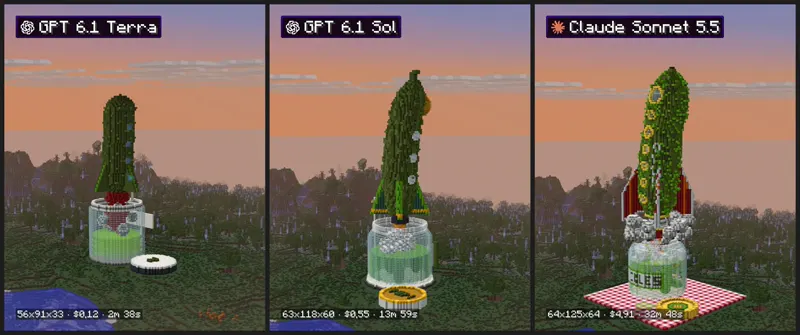 Pickle rocket launching from a jar in Minecraft: GPT-6.1 Terra vs GPT-6.1 Sol vs Claude Sonnet 5.5