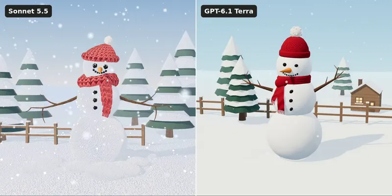 Snowman in a snowy forest, Sonnet vs Terra: Claude Sonnet 5.5 vs GPT-6.1 Terra