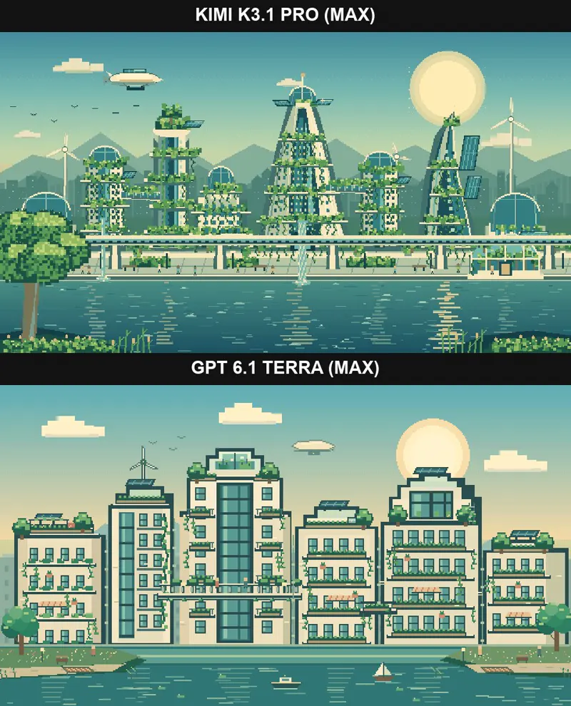 Pixel city skyline, Kimi K3.1 Pro vs GPT-6.1 Terra: Kimi K3.1 Pro vs GPT-6.1 Terra