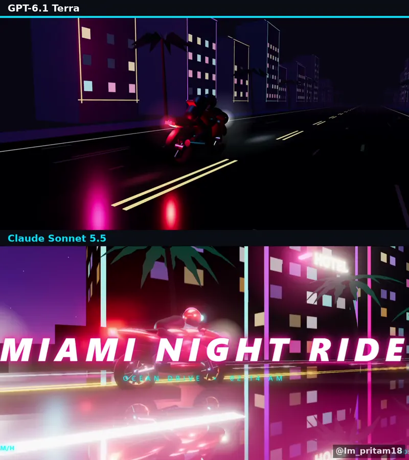 Miami night ride, Claude Sonnet 5.5 vs GPT-6.1 Terra: Claude Sonnet 5.5 vs GPT-6.1 Terra