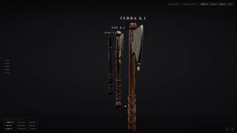 Blender axe, five models side by side: 5 models