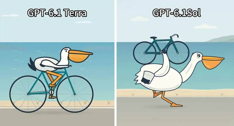 Pelican on a bicycle, GPT-6.1 Terra vs GPT-6.1 Sol: GPT-6.1 Terra vs GPT-6.1 Sol