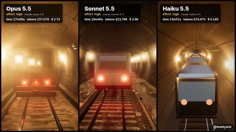 Subway tunnel scene, three Claude models: Claude Opus 5.5 vs Claude Sonnet 5.5 vs Claude Haiku 5.5