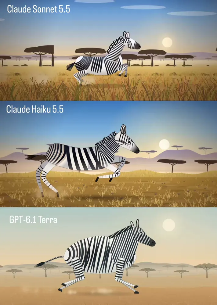 Three.js galloping zebra, three models: GPT-6.1 Terra vs Claude Sonnet 5.5 vs Claude Haiku 5.5