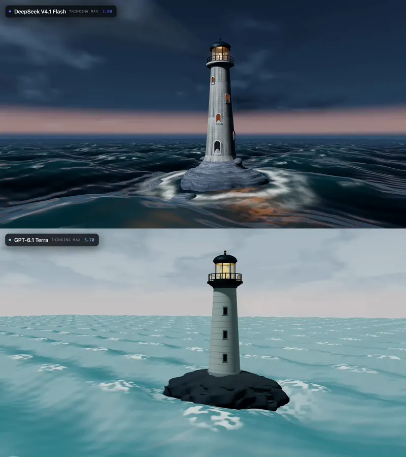 Stormlit ocean lighthouse, two models scored: DeepSeek V4.1 Flash 1017 vs GPT-6.1 Terra