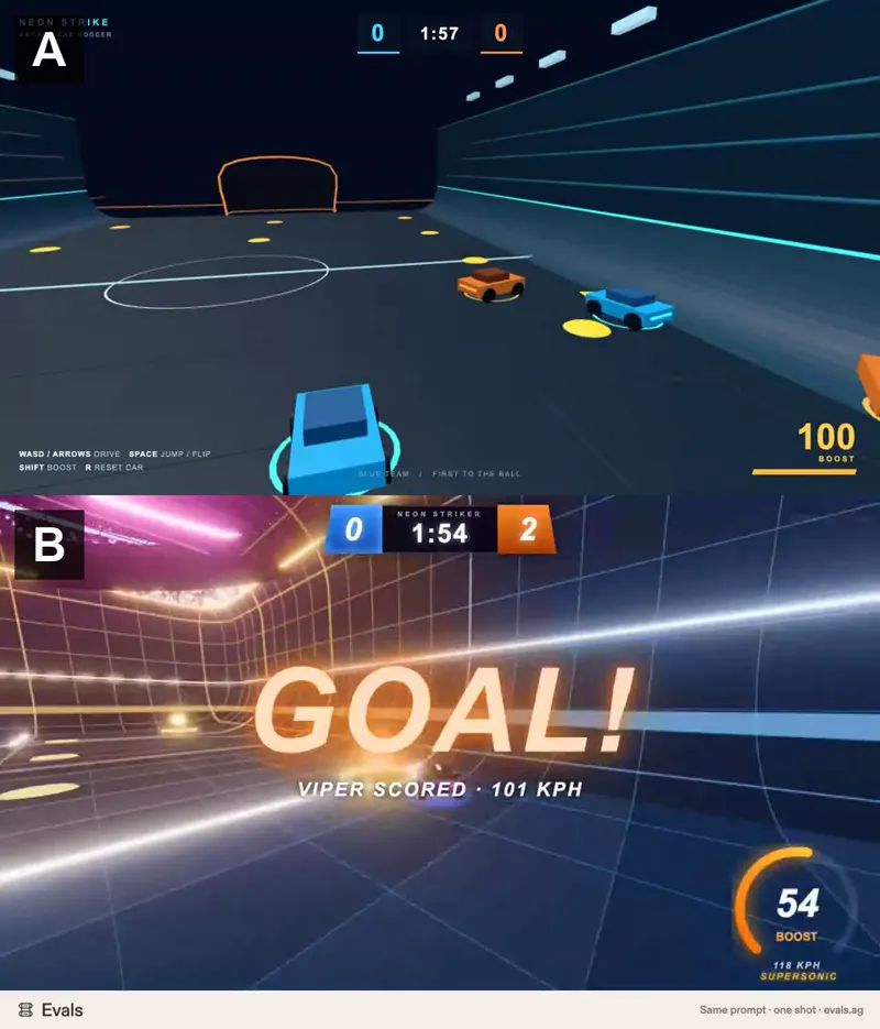 Rocket League in the browser, a guess-which test: GPT-6.1 Terra vs Claude Opus 5.5