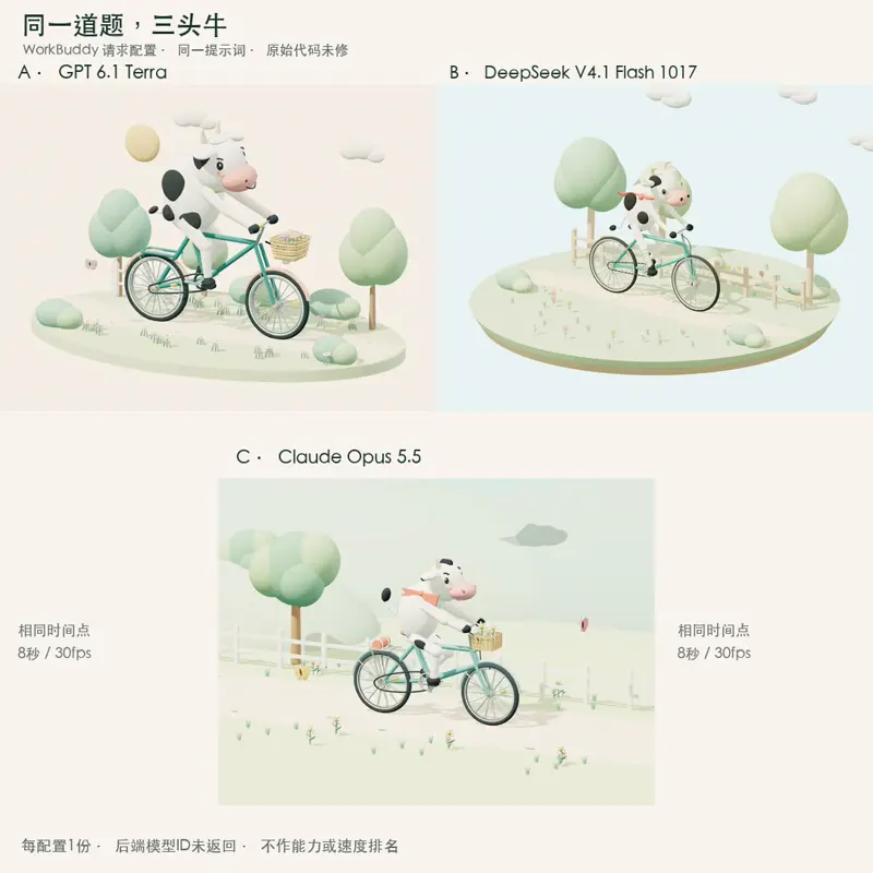 Cartoon bicycle ride, three models: GPT-6.1 Terra vs DeepSeek V4.1 Flash 1017 vs Claude Opus 5.5