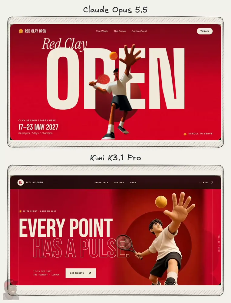 3D website from a reference image, two models: Claude Opus 5.5 vs Kimi K3.1 Pro