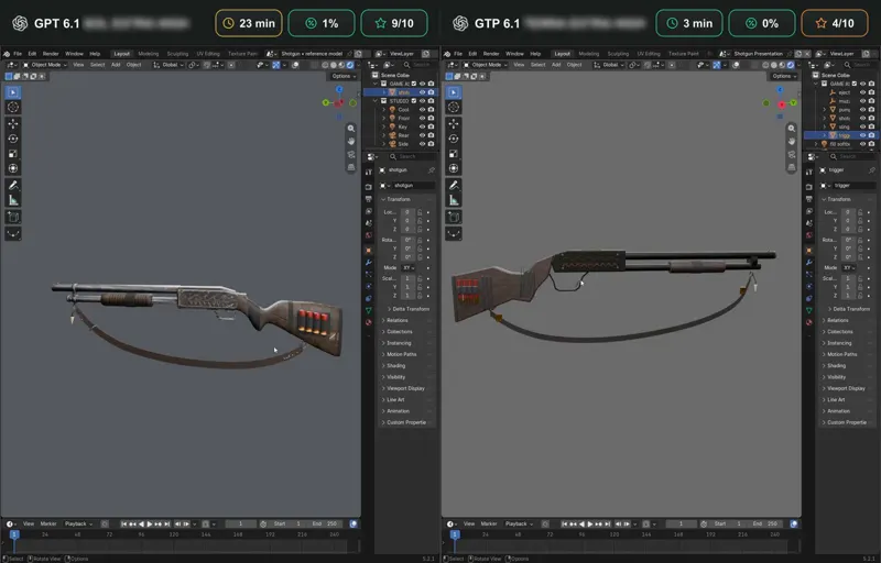 Blender model, GPT-6.1 Sol vs GPT-6.1 Terra at Extra High: GPT-6.1 Sol vs GPT-6.1 Terra