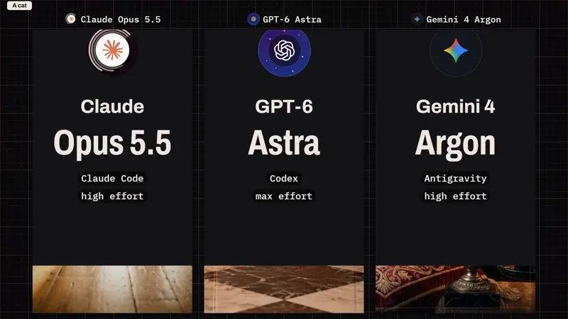 Cat-themed music video, three models: Claude Opus 5.5 vs GPT-6 Astra vs Gemini 4 Argon