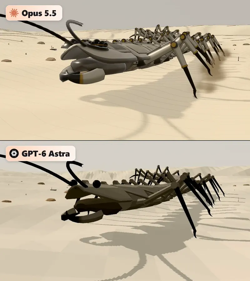 Mechanical desert centipede, Claude Opus 5.5 vs GPT-6 Astra: Claude Opus 5.5 vs GPT-6 Astra