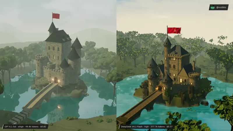 3D castle scene, DeepSeek V4.1 Flash 1017 vs GPT-6.1 Sol: DeepSeek V4.1 Flash 1017 vs GPT-6.1 Sol
