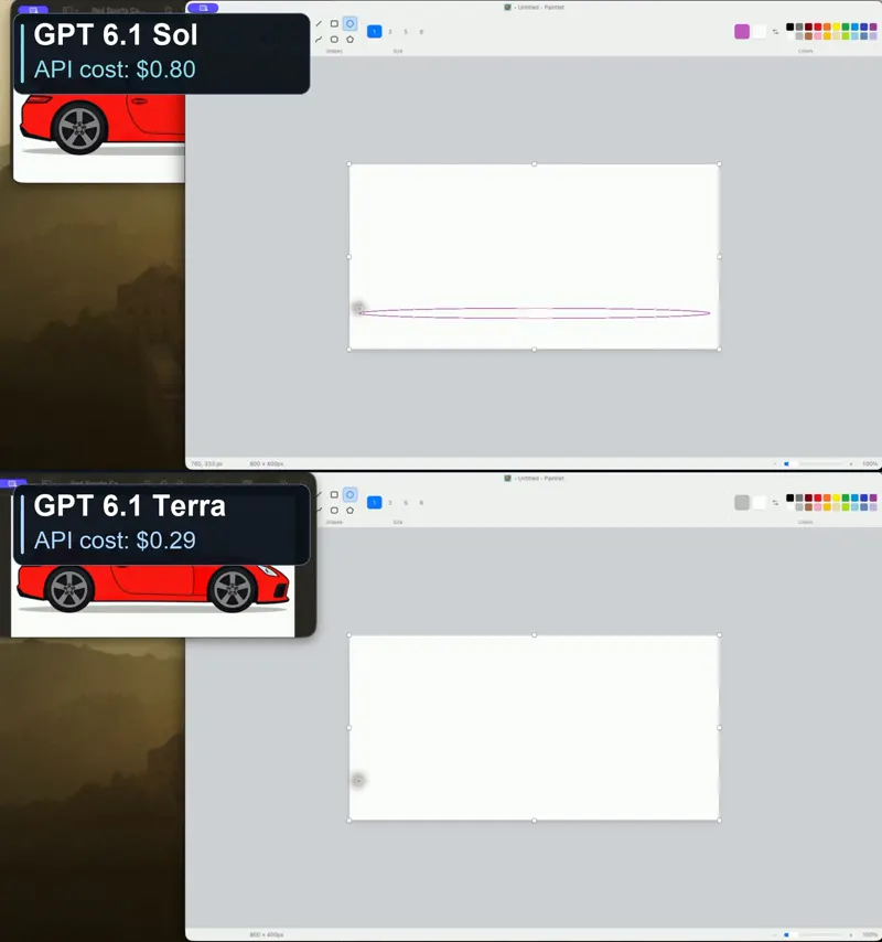 Car drawn via computer use, GPT-6.1 Sol vs GPT-6.1 Terra: GPT-6.1 Sol vs GPT-6.1 Terra
