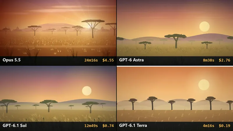 Tiger in HyperFrames, four models at medium effort: Claude Opus 5.5 vs GPT-6 Astra vs GPT-6.1 Sol vs GPT-6.1 Terra