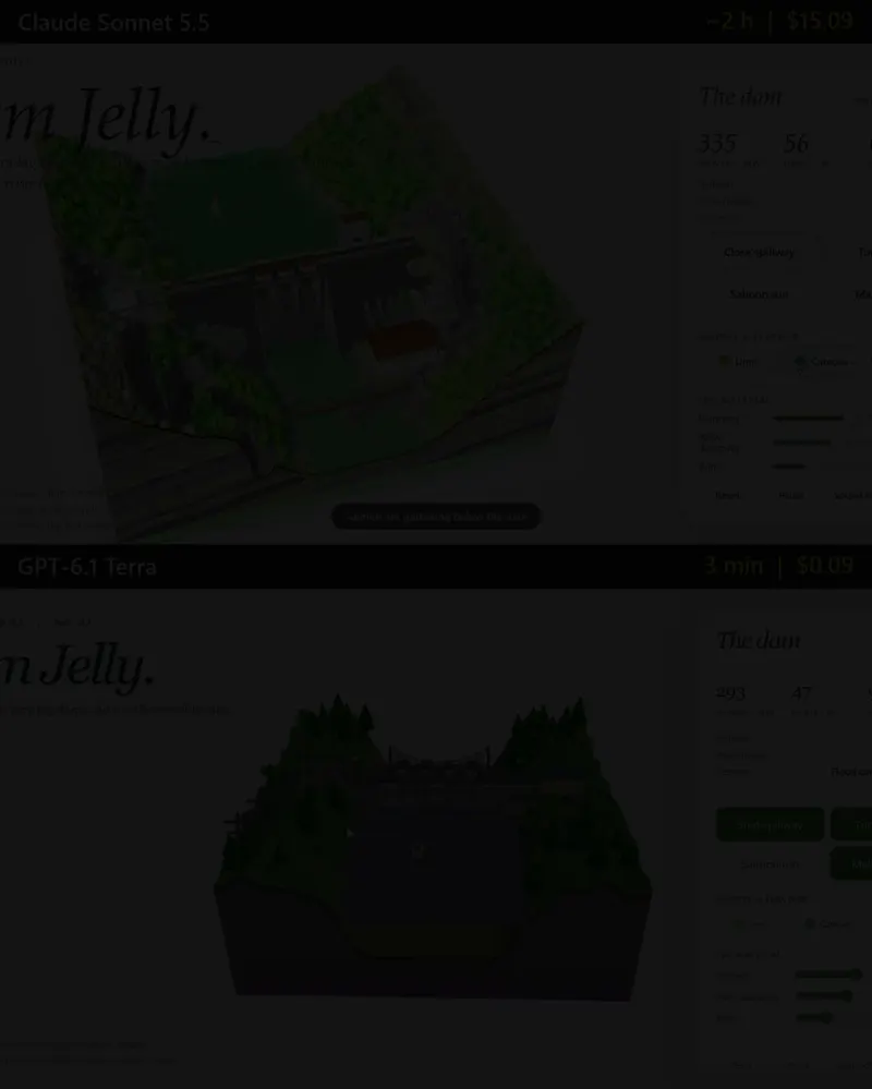 WebGPU jelly dam diorama, Claude Sonnet 5.5 vs GPT-6.1 Terra: Claude Sonnet 5.5 vs GPT-6.1 Terra