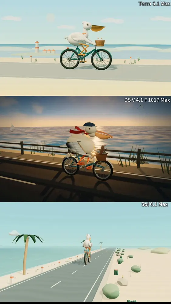 3D pelican bike ride by the sea, three models: GPT-6.1 Terra vs GPT-6.1 Sol vs DeepSeek V4.1 Flash 1017