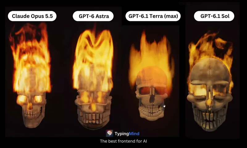 Burning skulls, four models compared: Claude Opus 5.5 vs GPT-6 Astra vs GPT-6.1 Terra vs GPT-6.1 Sol