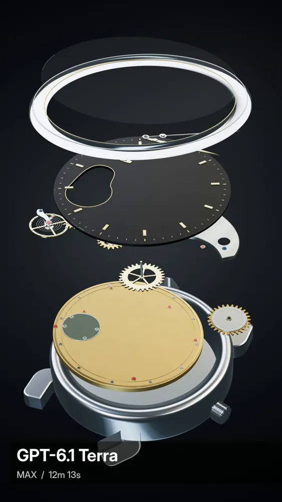 Mechanical watch assembly video, three models: GPT-6.1 Terra vs GPT-6.1 Sol vs Claude Opus 5.5