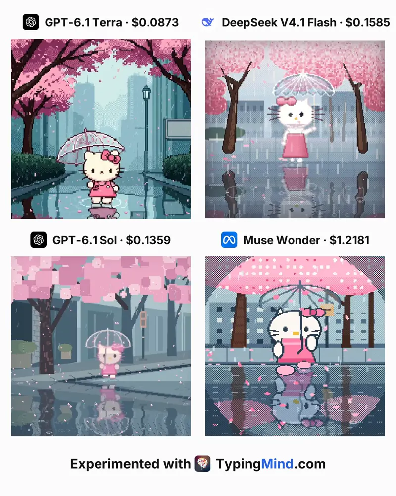 Pixel Hello Kitty walk cycle, four models: GPT-6.1 Terra vs DeepSeek V4.1 Flash 1017 vs GPT-6.1 Sol vs Muse Wonder 1.0