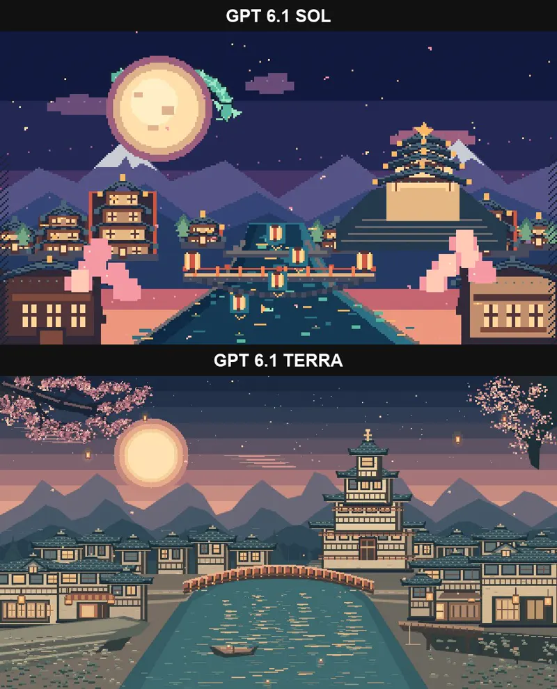Night castle town scene, GPT-6.1 Sol vs GPT-6.1 Terra: GPT-6.1 Sol vs GPT-6.1 Terra