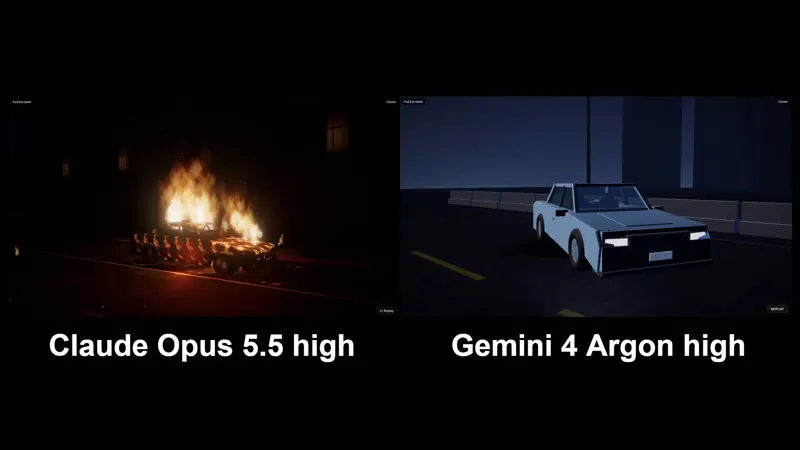 Burning car, Claude Opus 5.5 vs Gemini 4 Argon: Claude Opus 5.5 vs Gemini 4 Argon