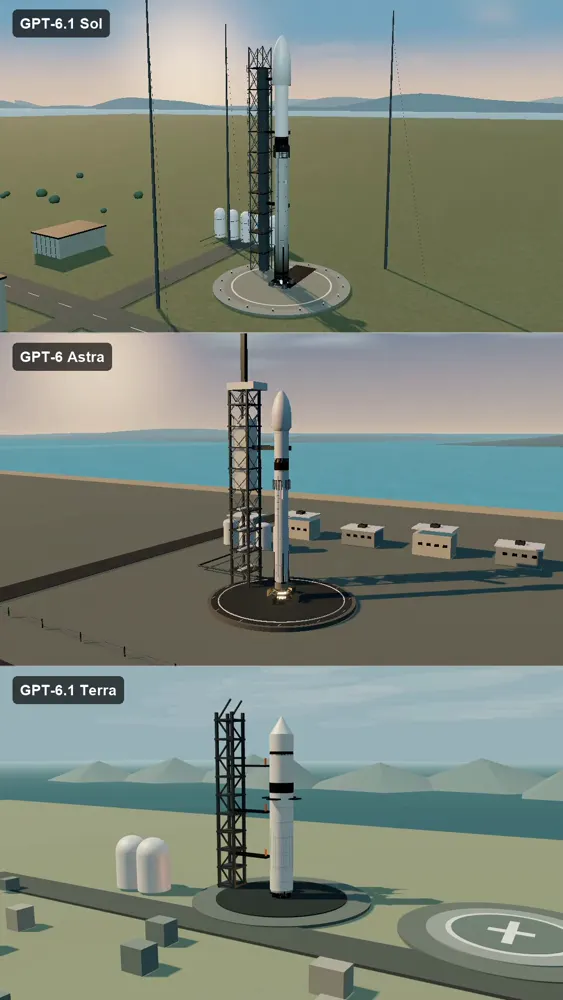 Rocket launch and landing, three GPT models: GPT-6.1 Sol vs GPT-6 Astra vs GPT-6.1 Terra