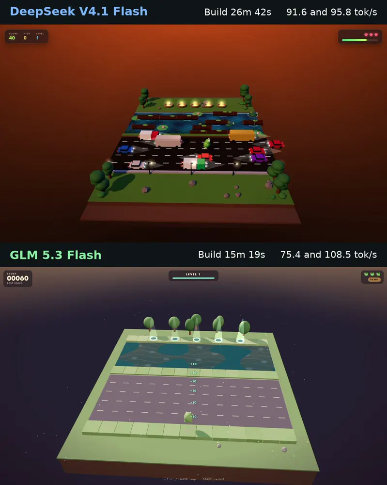 Frogger-style road crossing game, two Flash models: DeepSeek V4.1 Flash 1017 vs GLM 5.3 Flash