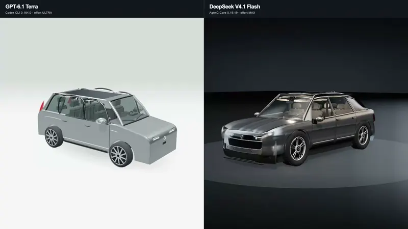 3D car from scratch in Three.js and WebGL: GPT-6.1 Terra vs DeepSeek V4.1 Flash 1017