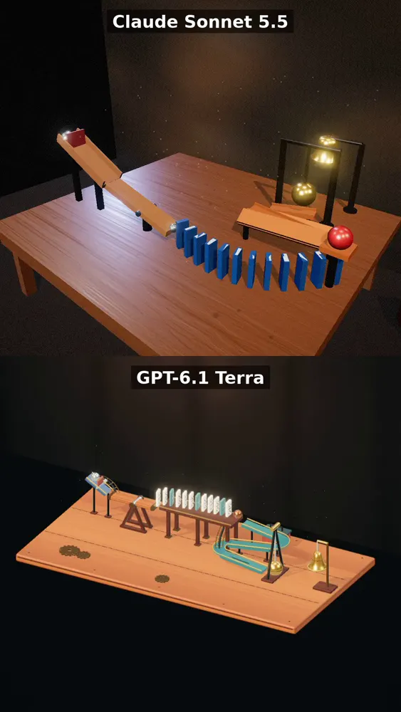 Rube Goldberg bell machine, two mid-tier models: Claude Sonnet 5.5 vs GPT-6.1 Terra