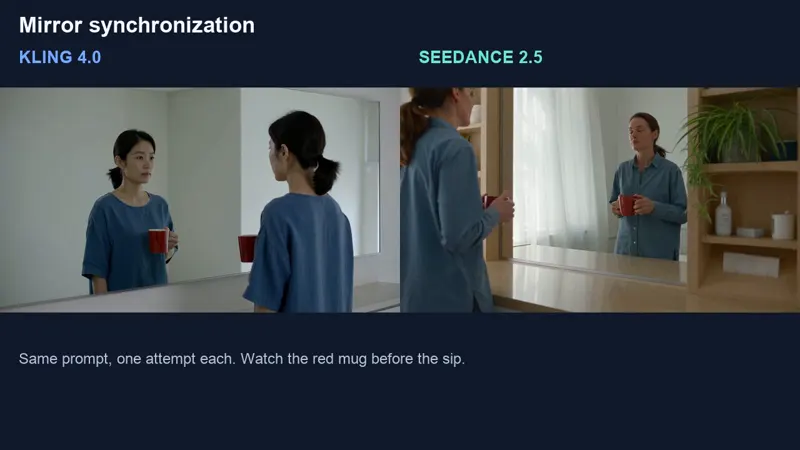 Mirror and domino tests, Kling 4.0 vs Seedance 2.5: Kling 4.0 vs Seedance 2.5