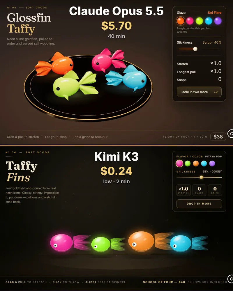 Neon slime goldfish you can grab and pull: Claude Opus 5.5 vs Kimi K3
