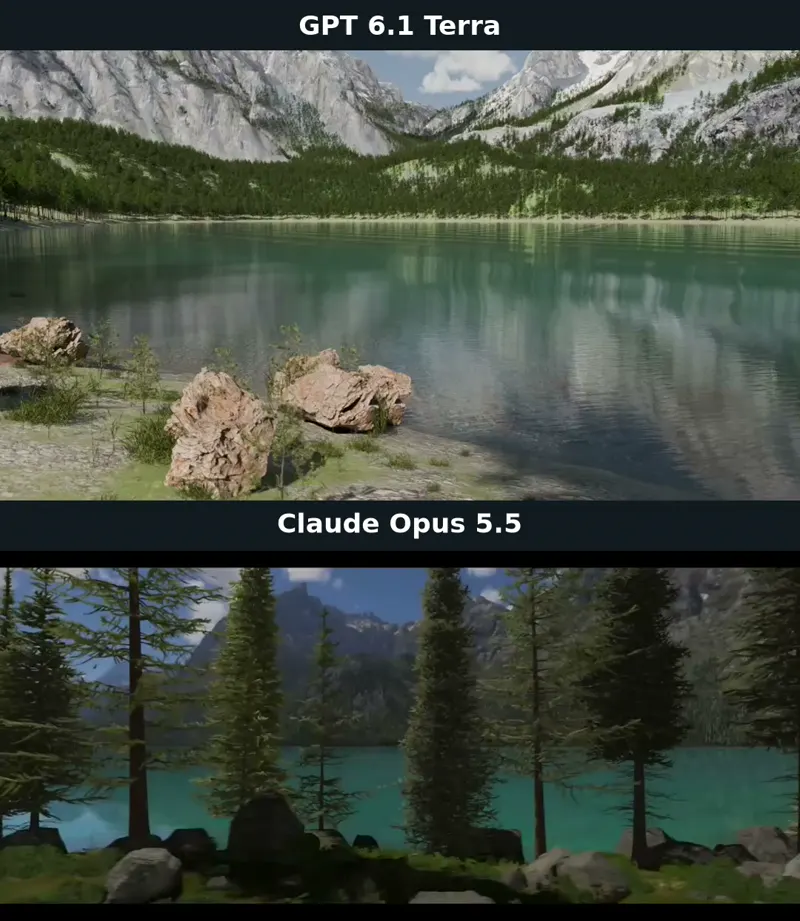 Alpine lake, GPT-6.1 Terra vs Claude Opus 5.5: GPT-6.1 Terra vs Claude Opus 5.5