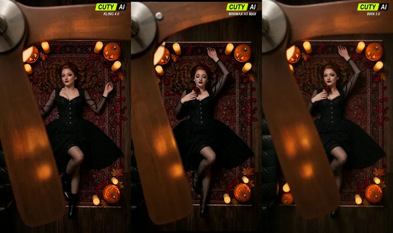 Halloween ceiling fan outfit, three video models: Kling 4.0 vs MiniMax H3 Max vs Wan 3.0