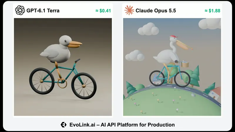 Looping pelican bike ride in Blender, two models: Claude Opus 5.5 vs GPT-6.1 Terra