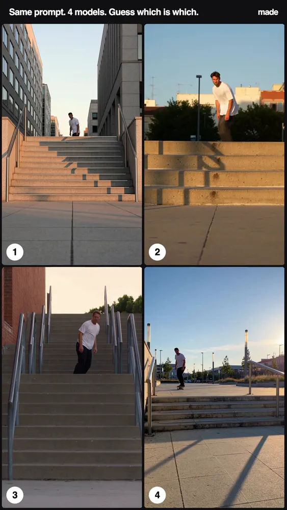 Kickflip down five stairs, four video models: Seedance 2.5 vs Kling 4.0 vs Wan 3.0 Prime vs MiniMax H3 Max