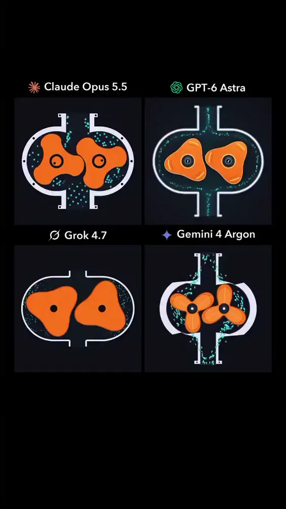 Lobe pump that moves water, four models: Claude Opus 5.5 vs GPT-6 Astra vs Grok 4.7 vs Gemini 4 Argon
