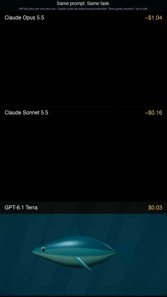 3D big sea fish, three models: Claude Opus 5.5 vs Claude Sonnet 5.5 vs GPT-6.1 Terra