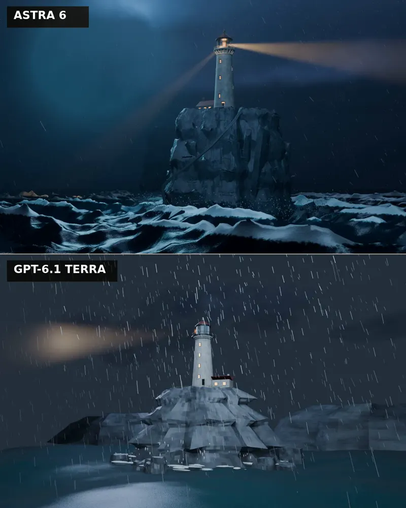 Storm lighthouse in Blender, GPT-6.1 Terra vs GPT-6 Astra: GPT-6.1 Terra vs GPT-6 Astra
