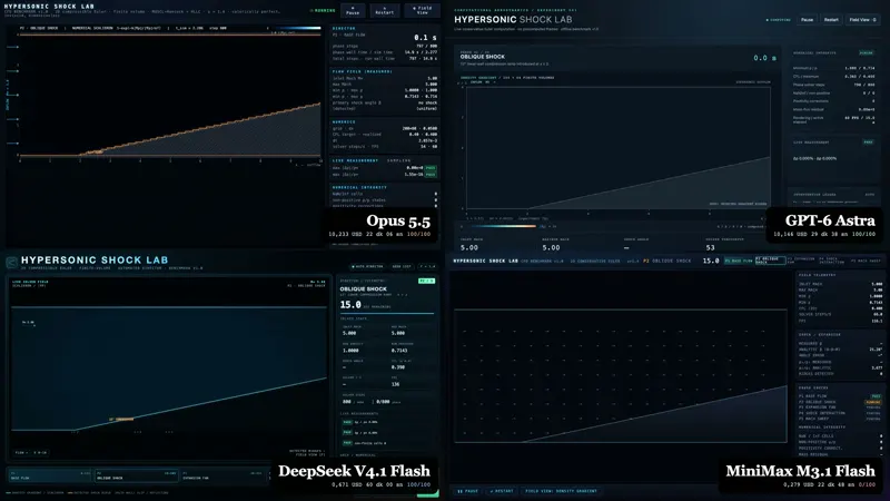 Hypersonic shock lab CFD, four models with budget: Claude Opus 5.5 vs GPT-6 Astra vs DeepSeek V4.1 Flash 1017 vs MiniMax M3.1 Flash