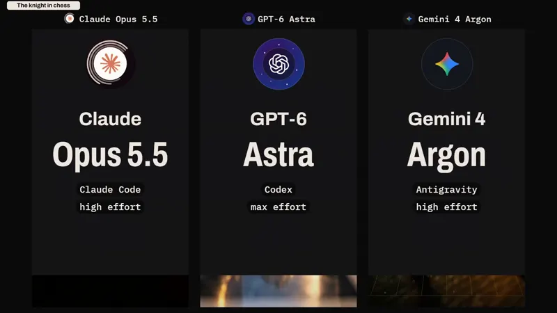 Chess knight aura music video, three models: Claude Opus 5.5 vs GPT-6 Astra vs Gemini 4 Argon