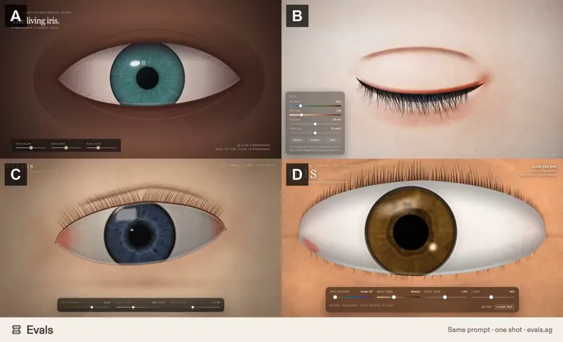 Photoreal human eye in the browser, four models: GPT-6.1 Terra vs Claude Opus 5.5 vs DeepSeek V4.1 Flash 1017 vs Muse Wonder 1.0