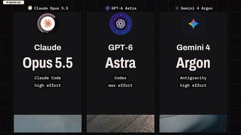 Car-themed aura music video, three models: Claude Opus 5.5 vs GPT-6 Astra vs Gemini 4 Argon