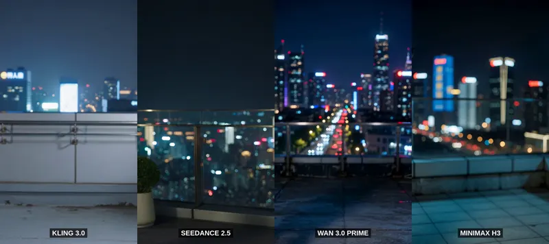 Night rooftop outfit swaps, four video models: Kling 3.0 vs Seedance 2.5 vs Wan 3.0 Prime vs MiniMax H3