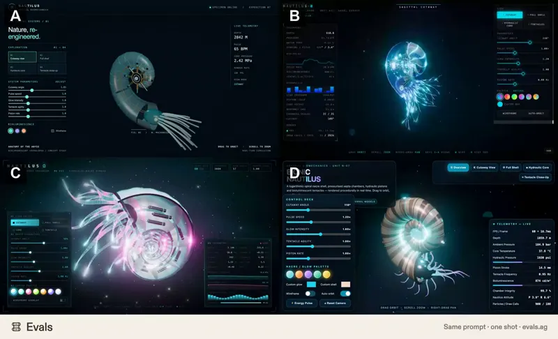 Bionic nautilus sim, four models one prompt: GPT-6.1 Terra vs Claude Opus 5.5 vs DeepSeek V4.1 Flash 1017 vs Muse Wonder 1.0