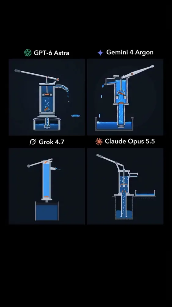 Cutaway hand pump moving water, four models: GPT-6 Astra vs Gemini 4 Argon vs Grok 4.7 vs Claude Opus 5.5
