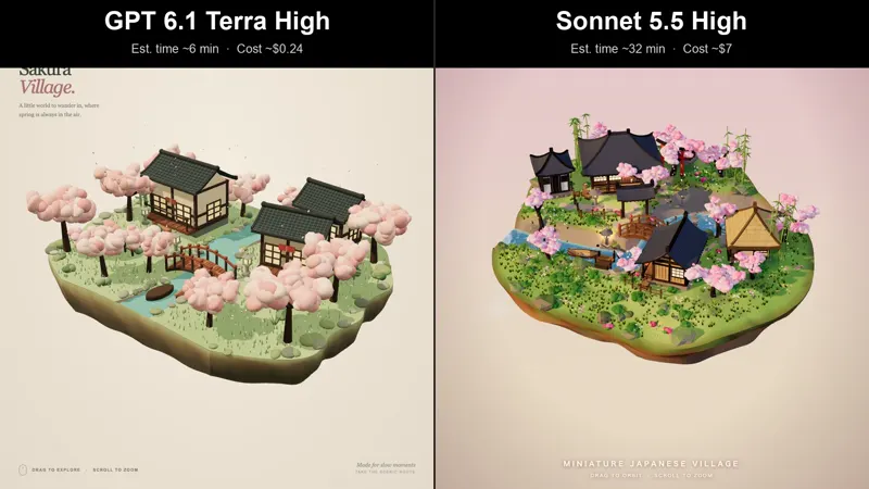 Miniature Japanese village, Terra vs Sonnet: GPT-6.1 Terra vs Claude Sonnet 5.5