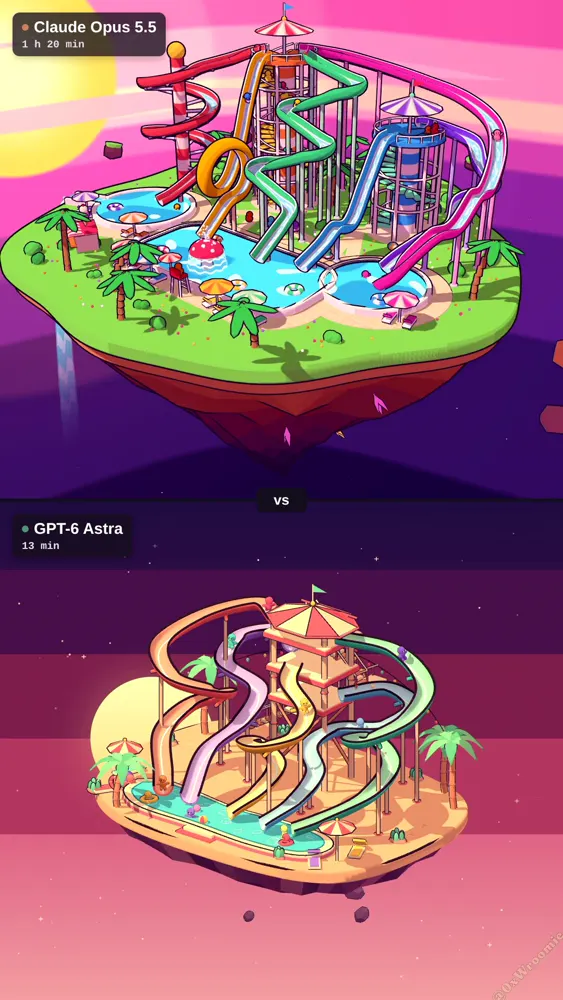 Floating water park in space, Opus vs Astra: Claude Opus 5.5 vs GPT-6 Astra